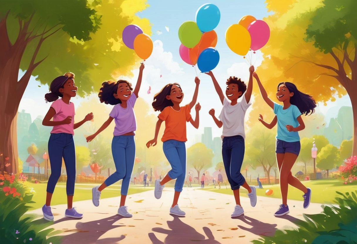 A vibrant illustration of happy teenagers engaging in fun outdoor activities, such as playing games, laughing together, and practicing mindfulness in a sunny park setting. They represent diverse backgrounds, showcasing joy, friendship, and emotional well-being. Incorporate colorful elements like balloons and nature to depict a lively atmosphere. Playful fonts surrounding the scene reflecting positive affirmations about happiness and health. vector art. vibrant colors.