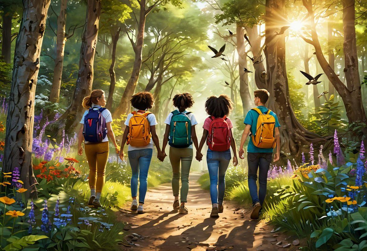 A vibrant scene depicting a diverse group of young individuals exploring a lush forest, with each person symbolizing joy and resilience through their expressions and actions. The background features a sunlit path winding through the trees, with colorful wildflowers and birds soaring overhead, representing hope and growth. Incorporate elements of adventure, such as backpacks and maps, to illustrate the journey of self-discovery. A warm and inviting color palette to evoke feelings of happiness and positivity. super-realistic. vibrant colors. 3D.
