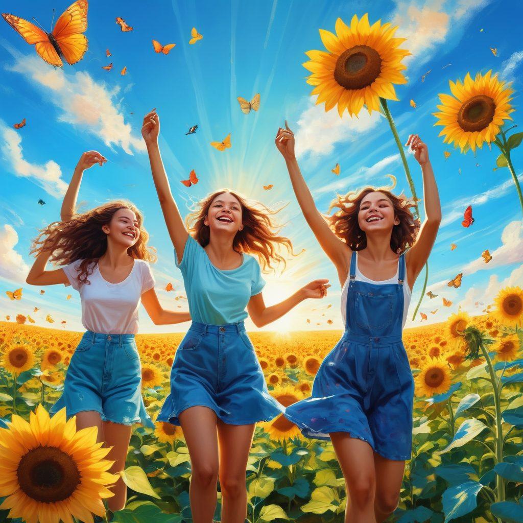 A vibrant, whimsical illustration of a diverse group of joyful teenagers engaged in various activities like dancing, painting, and playing music under a bright blue sky. Surrounding them are colorful symbols of happiness, such as sunflowers and butterflies, that radiate a sense of positivity and freedom. Include dreamy, light-filled effects to enhance the joyful atmosphere and inspire a sense of limitless possibilities. bright colors. whimsical art. sunny background.
